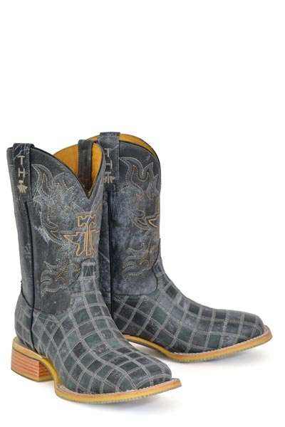 Men's Tin Haul Boots black gray handcrafted cowboy boots with square toe and unique sole design