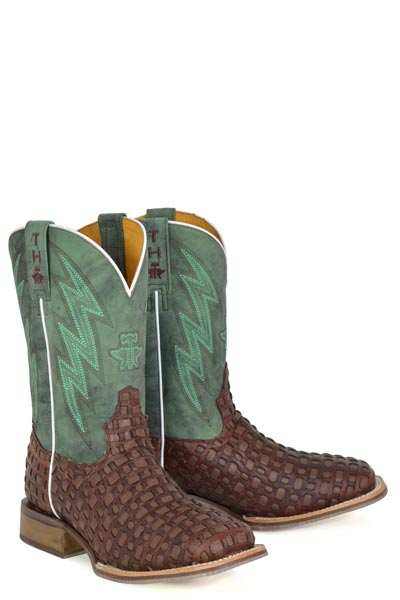 Men's Tin Haul Boots handcrafted brown leather square toe with embroidered shaft and country sole