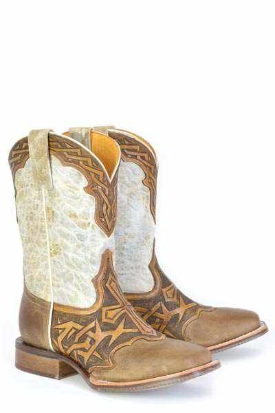 Men's Tin Haul Boots handcrafted tan square toe with tooled saddle vamp and crackle white shaft