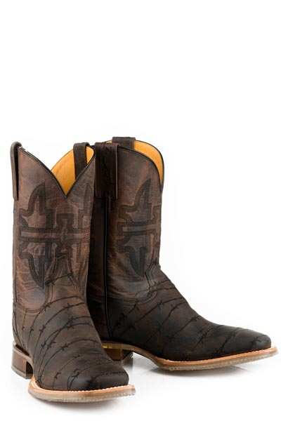 Men's Tin Haul handcrafted brown cowboy boots with butcher shop sole and embroidered leather shaft