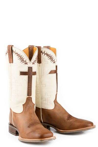 Men's Tin Haul Boots handcrafted brown leather with cross inlay and white shaft
