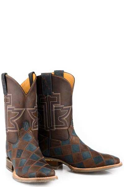 Men's Tin Haul Boots handcrafted brown leather with rodeo sole and blue patchwork design