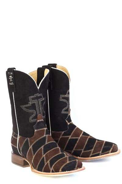 Men's Tin Haul Patch It Up Boots handcrafted brown square toe suede with embroidered shaft and unique sole