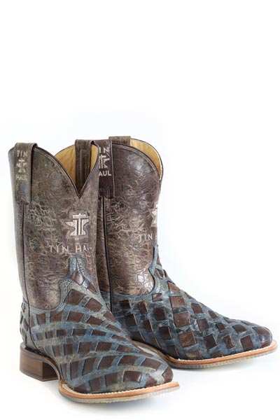 Men's Tin Haul Boots handcrafted brown with woven leather and embroidered shaft