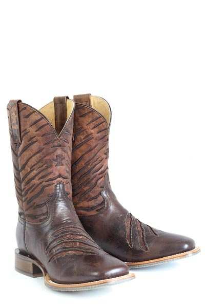 Men's Tin Haul Boots handcrafted brown leather with eye of the tiger sole and embroidery