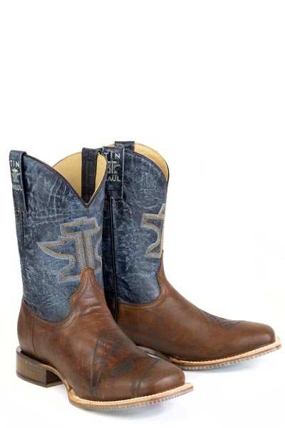 Men's Tin Haul Boots handcrafted brown with Ace of Spades sole and sanded blue leather shaft