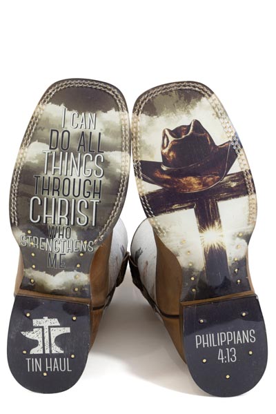 Men's Tin Haul Church Cross Boots With Philippians 4:13 Sole Handmade