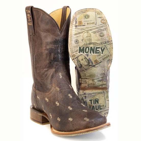 Men's Tin Haul Banking Bucks Boots handcrafted brown leather with money sole and square toe