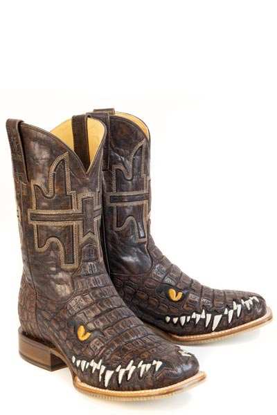 Botas Tin Haul Al O'Gator para hombre con estampado y suela Don't Cross A Gator, punta cuadrada artesanal, color marrón