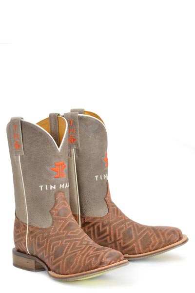 Men's Tin Haul Puzzler Boots handcrafted brown with square toe and bucking sole