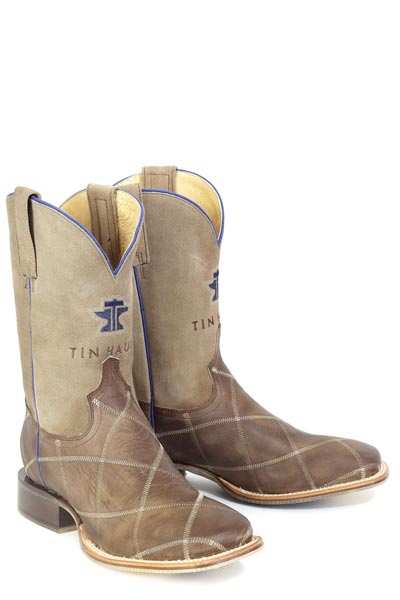 Men's Tin Haul Boots handcrafted brown leather with embroidered square toe and cowboy attitude sole