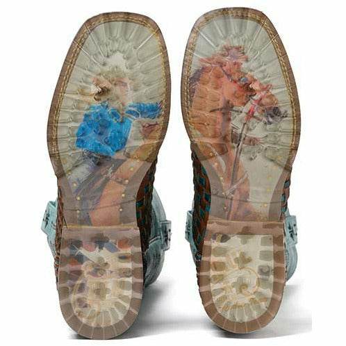 Women's Tin Haul Gitchu A Good One Boots with turquoise woven leather and marbled shaft, handcrafted with barrel racer lug sole