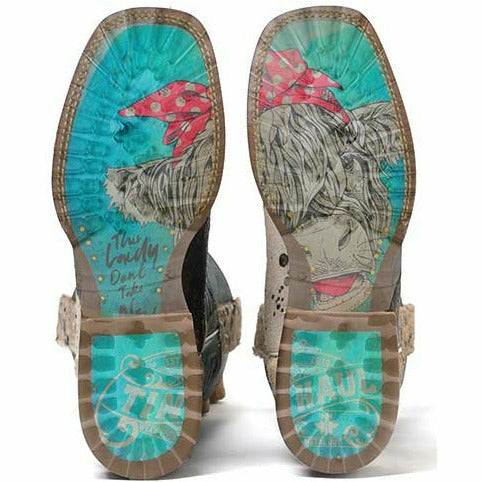 Women's Tin Haul Shaggy Spot Boots handcrafted white with turquoise shaft and transparent lug sole