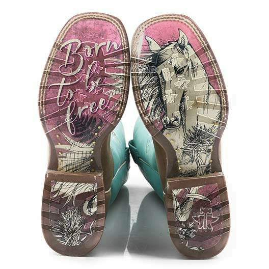 Women's Tin Haul Boots handcrafted tan cowgirl boots with embroidered blue shaft and lug sole