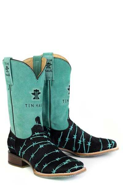 Women's Tin Haul Boots black barbwire embroidery turquoise suede shaft handcrafted square toe