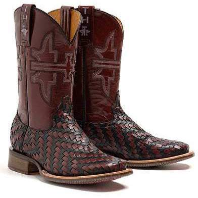 Women's Tin Haul Red Revolver Boots with black vamp and iron & rose sole, handcrafted with wide square toe and walking heel