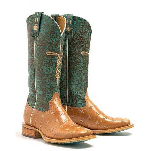 Women's Tin Haul Boots handcrafted brown Prince of Peace with wide square toe and walking heel