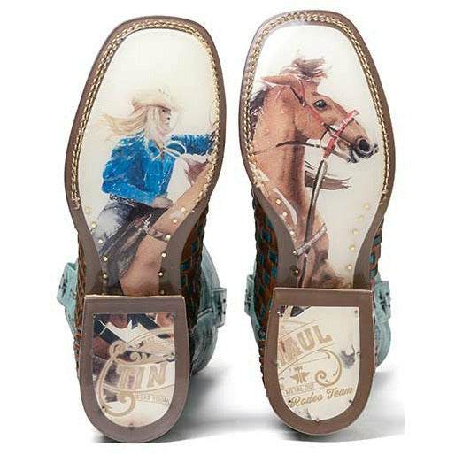 Women's Tin Haul Gitchu turquoise handcrafted leather cowboy boots with square toe and walking heel