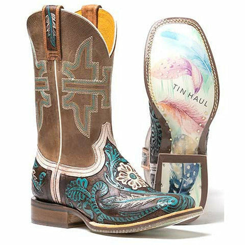 Women's Tin Haul Lone Flower Boots Boho Feather Sole Handcrafted Brown