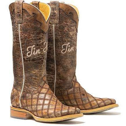 Women's Tin Haul Patches Boots handcrafted brown square toe with patchwork vamp and walking heel