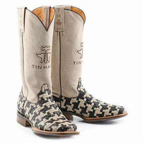 Women's Tin Haul Boots handcrafted brown houndstooth with embroidered blue shaft and square toe