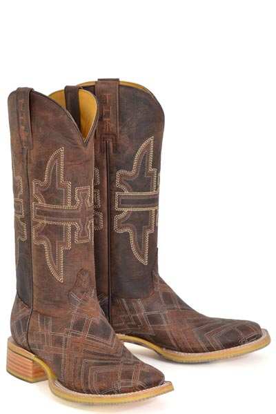 Women's Tin Haul Diamond In The Rough Boots handcrafted brown cowboy boots with square toe and Bullrider Girl sole