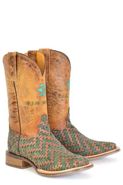 Women's Tin Haul laced boots handcrafted tan with turquoise woven vamp and horse sole