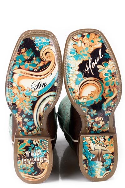 Women's Tin Haul Yee Haw Two Boots with Paisley Cow Sole Handcrafted Brown