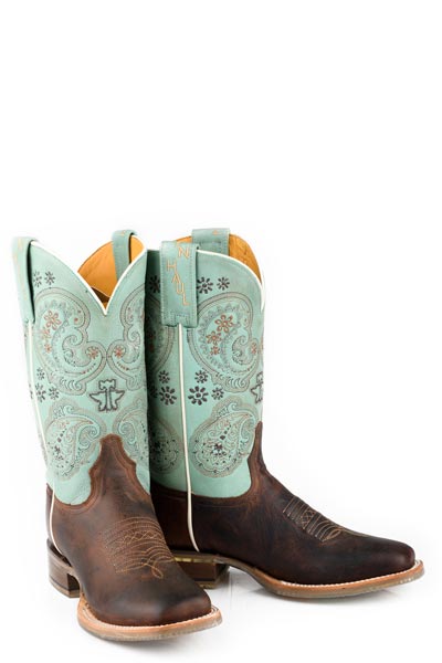 Women's Tin Haul Yee Haw Two Boots with Paisley Cow Sole Handcrafted Brown