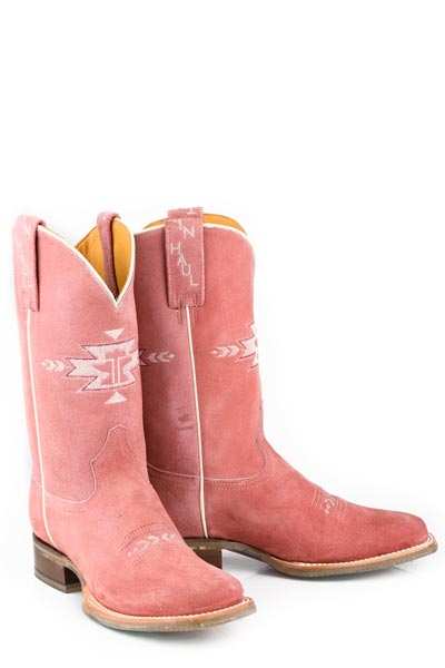 Women's Tin Haul Pretty In Pink Boots with handcrafted vintage Aztec sole and square toe suede design