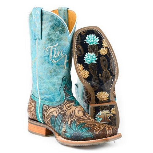 Women's Tin Haul Cactus Flower Boots With Desert Sole Handcrafted Brown