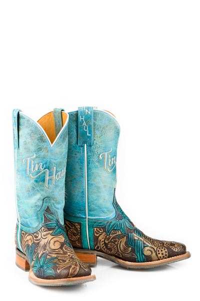 Women's Tin Haul Cactus Flower Boots in brown with turquoise handtooled design and desert sole