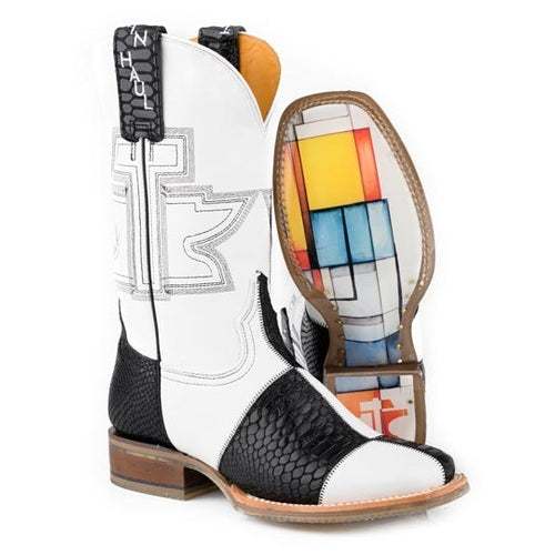 Women's Tin Haul black and white python print boots with Mondrian sole, handmade square toe cowboy boots