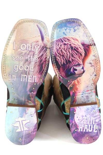 Women's Tin Haul Pet Me Boots handcrafted brown leather with peacock sole and embroidered shaft