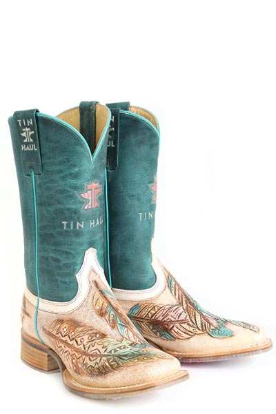 Women's Tin Haul Birds Of A Feather handcrafted tan boots with magical horses sole and turquoise embroidered shaft