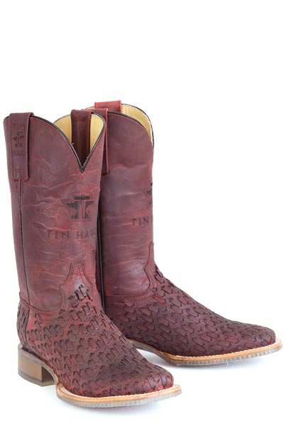 Tin Haul Roses Are Red Boots handcrafted red leather cowgirl boots with embroidered shaft and unique sole