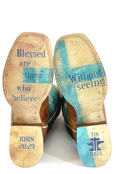 Women's Tin Haul Crucifix Boots With Blessed Are Blessed Are Those Sole Handcrafted Brown