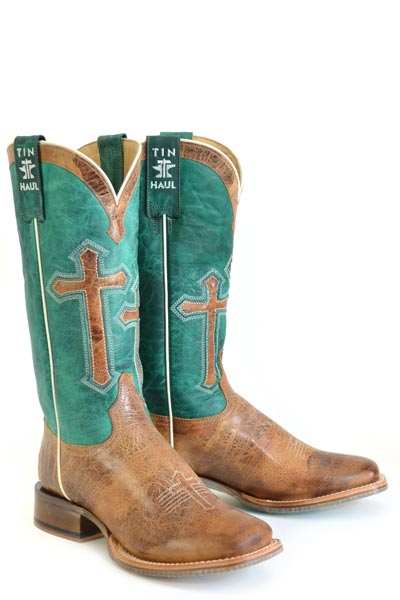 Women's Tin Haul Crucifix Boots handcrafted brown leather with turquoise cross inlay and peacock sole design