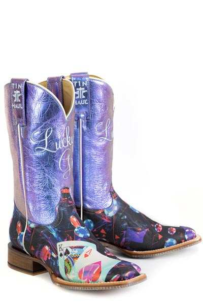 Women's Tin Haul Lady Luck Boots black handcrafted with gambling sole and purple metallic shaft