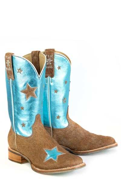 Women's Tin Haul brown Cosmic Cowgirl boots with turquoise star design and rider sole handcrafted
