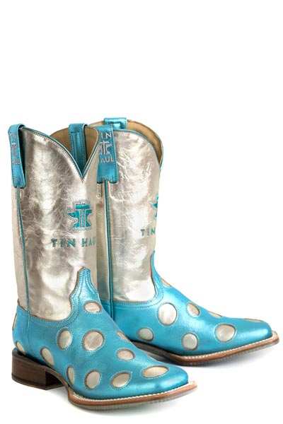 Women's Tin Haul Polka Dot Diva Boots handcrafted with blue metallic leather and petal pony sole