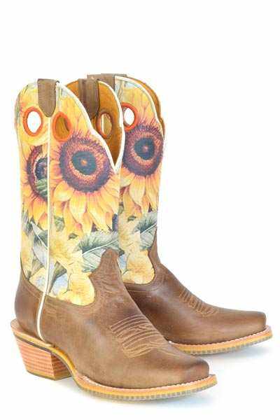 Women's Tin Haul Boots handcrafted tan cowboy boots with sunflower shaft and sunshine sole