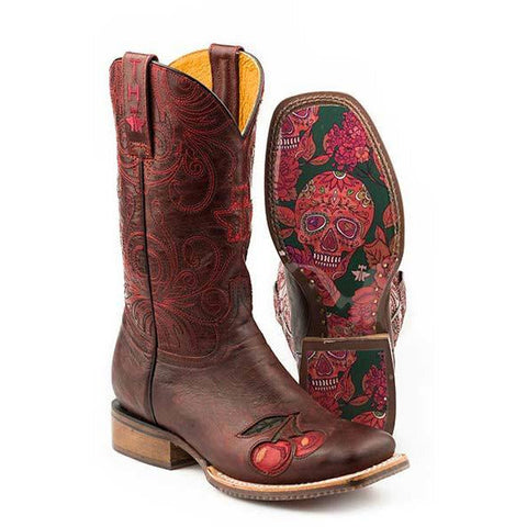 Women's Tin Haul Mon Cherry Boots With Skull And Roses Sole Handcrafted