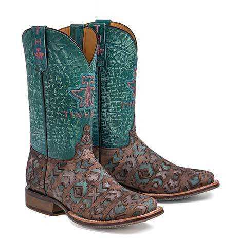 Women’s Tin Haul Printed Warrior Boots handcrafted brown with turquoise shaft and Aztec print