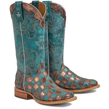Women's Tin Haul No Probl-Lama boots with turquoise and rose gold, handcrafted with llama sole and 13-inch shaft