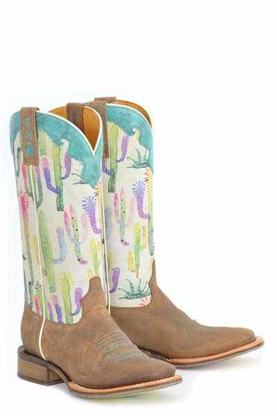 Women's Tin Haul Boots handcrafted brown with square toe and sun comes up sole design
