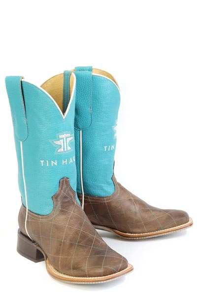 Women's Tin Haul Diamonds Are Forever handcrafted brown leather cowboy boots with turquoise accents and cowgirl rider sole