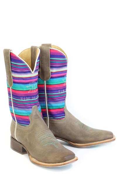 Women's Tin Haul Sunset Serape Boots handcrafted tan leather with embroidered shaft and peacock sole