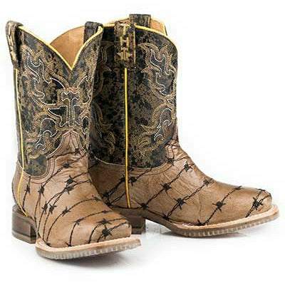 Kid's Tin Haul Boots handcrafted brown square toe with barbed wire stitching and marbled black shaft