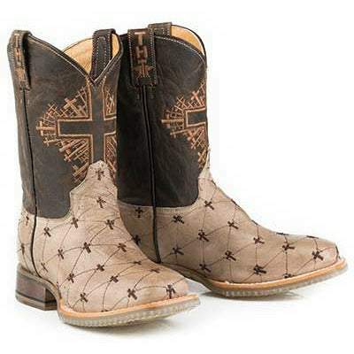 Kid's Tin Haul handcrafted tan boots with square toe and cross-stitched vamp for kids